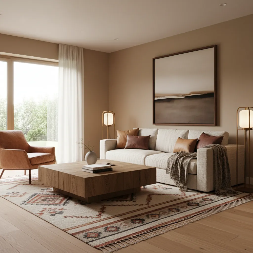 Modern living room layering Aztec decor with wood leather and modern materials