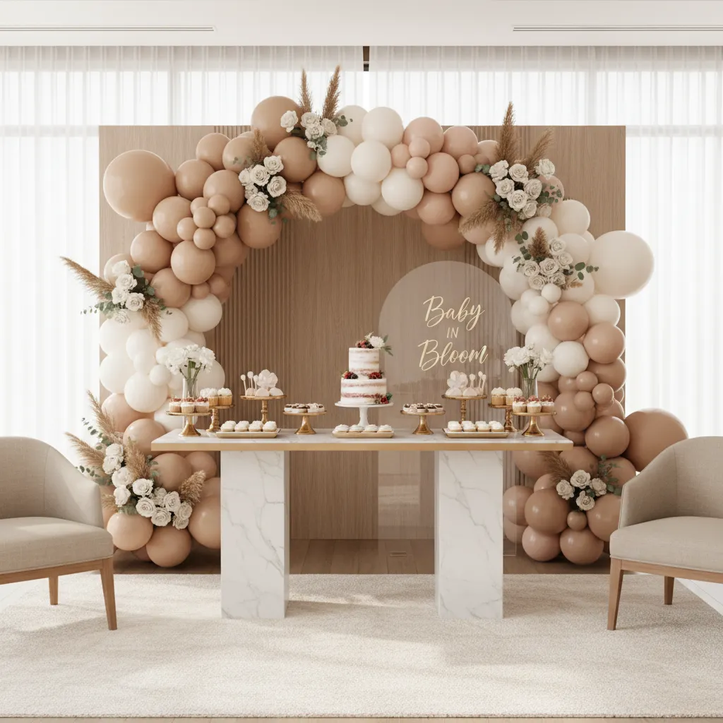 Modern baby shower decoration trends with neutral palette and balloon arch