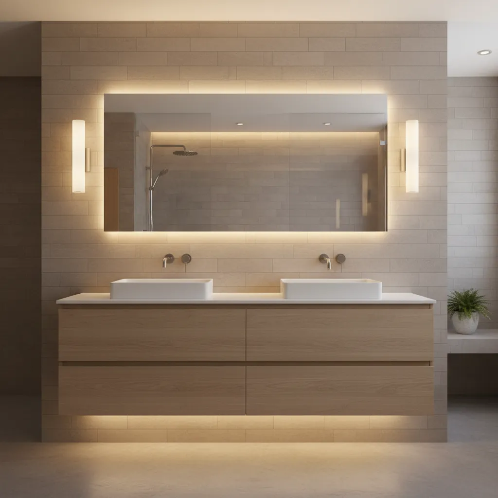 LED backlit bathroom mirror providing soft even lighting