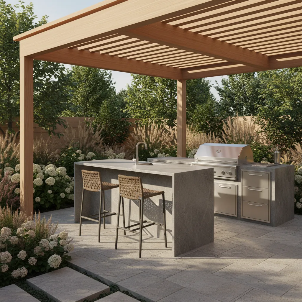 Modern outdoor kitchen setup in a backyard patio with grill counter and seating