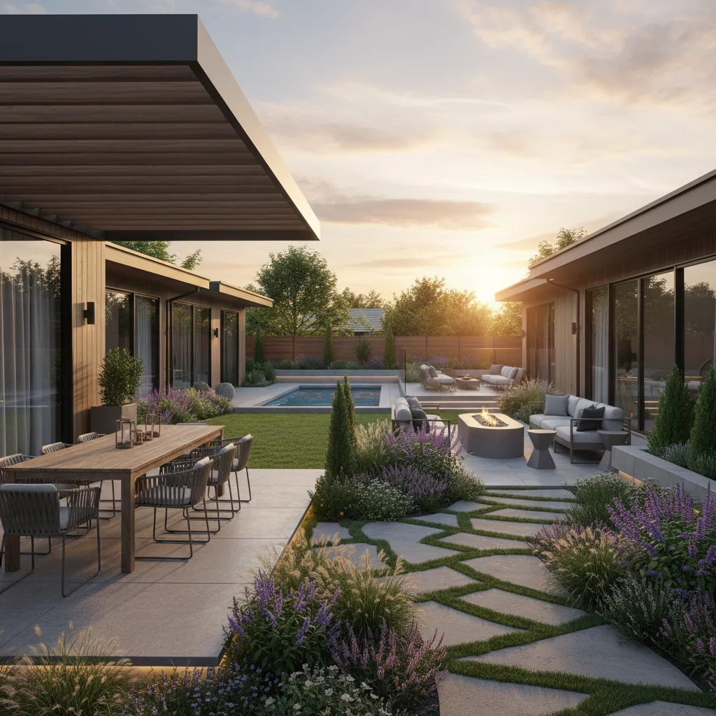 modern backyard with separate outdoor living zones and pathways