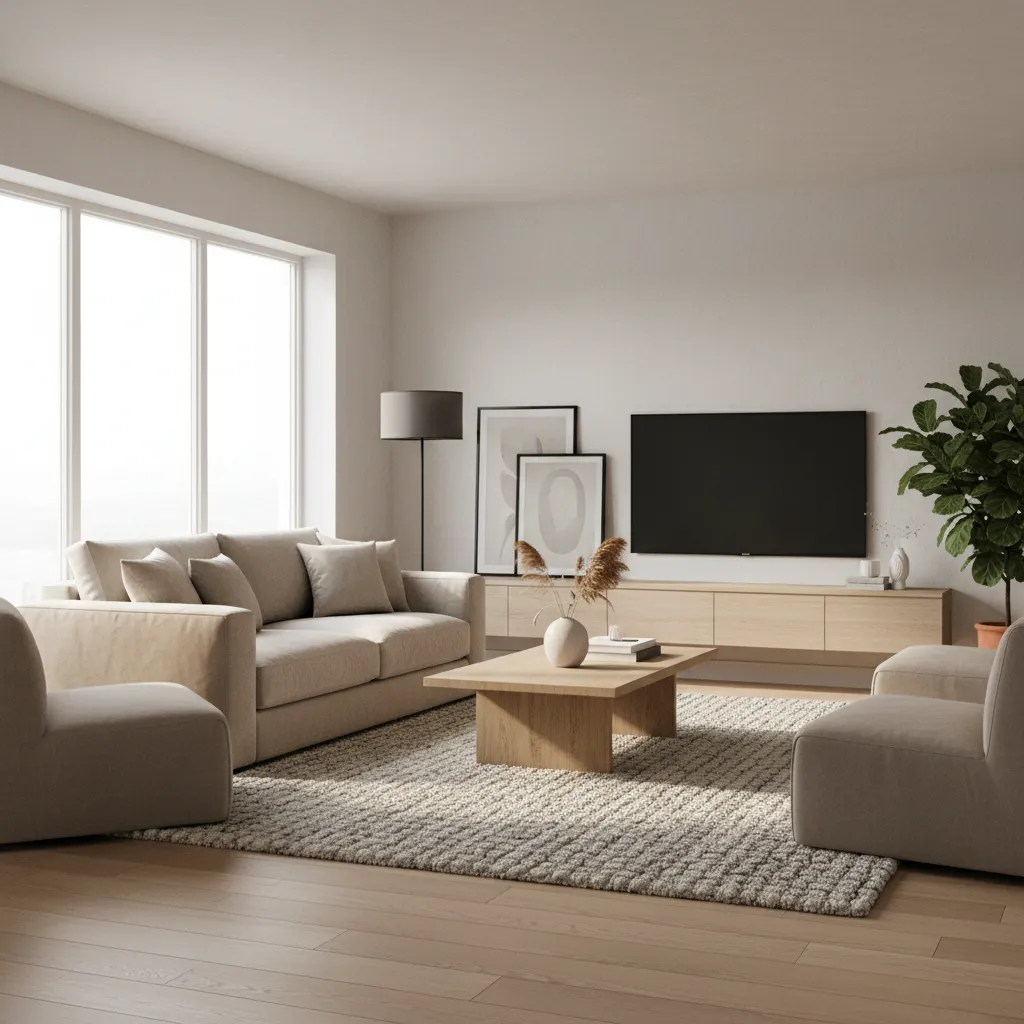 well balanced living room layout with sofa coffee table rug and natural light