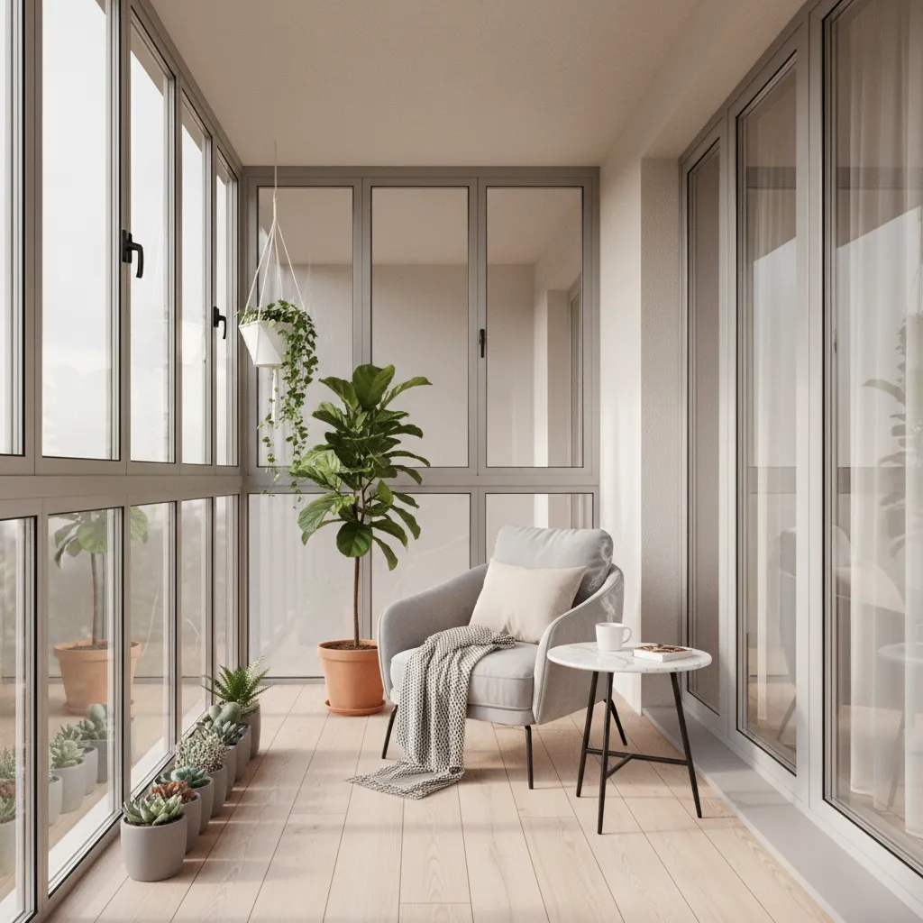 Contemporary apartment balcony with aluminium framed windows and seating area