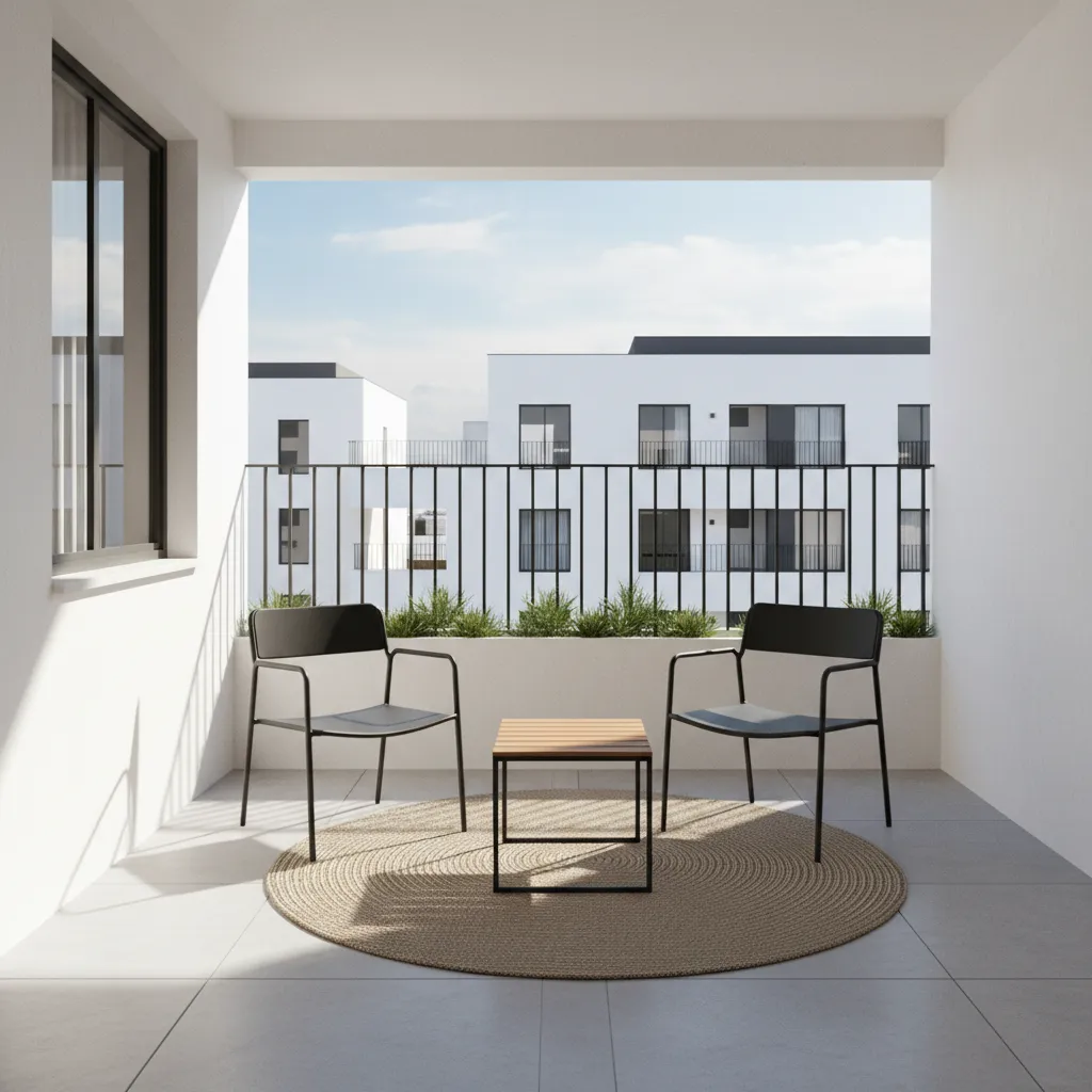 Modern balcony featuring black metal furniture white walls and warm wood accents