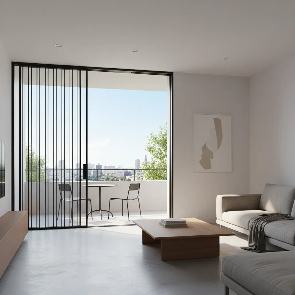 living room with balcony door and minimalist steel grill design