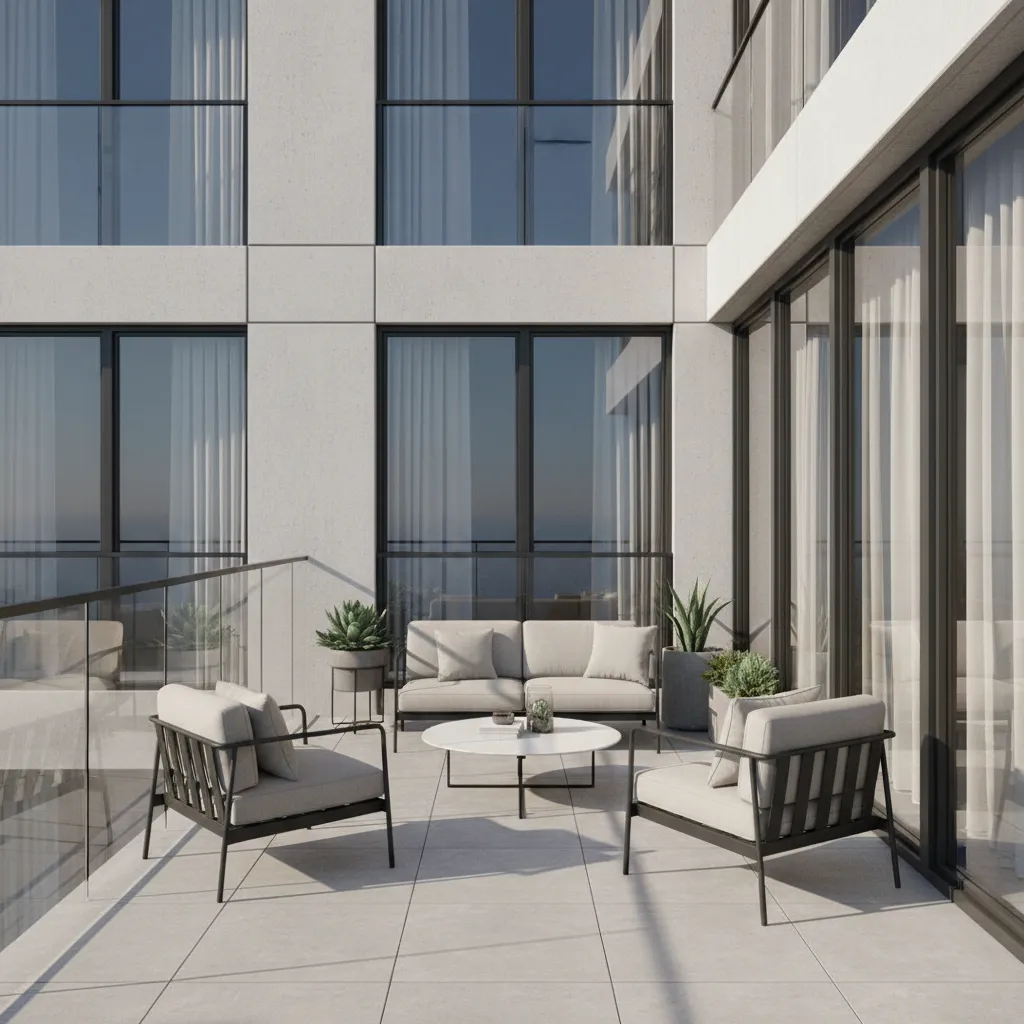 Modern balcony gate combining glass panels and metal frame