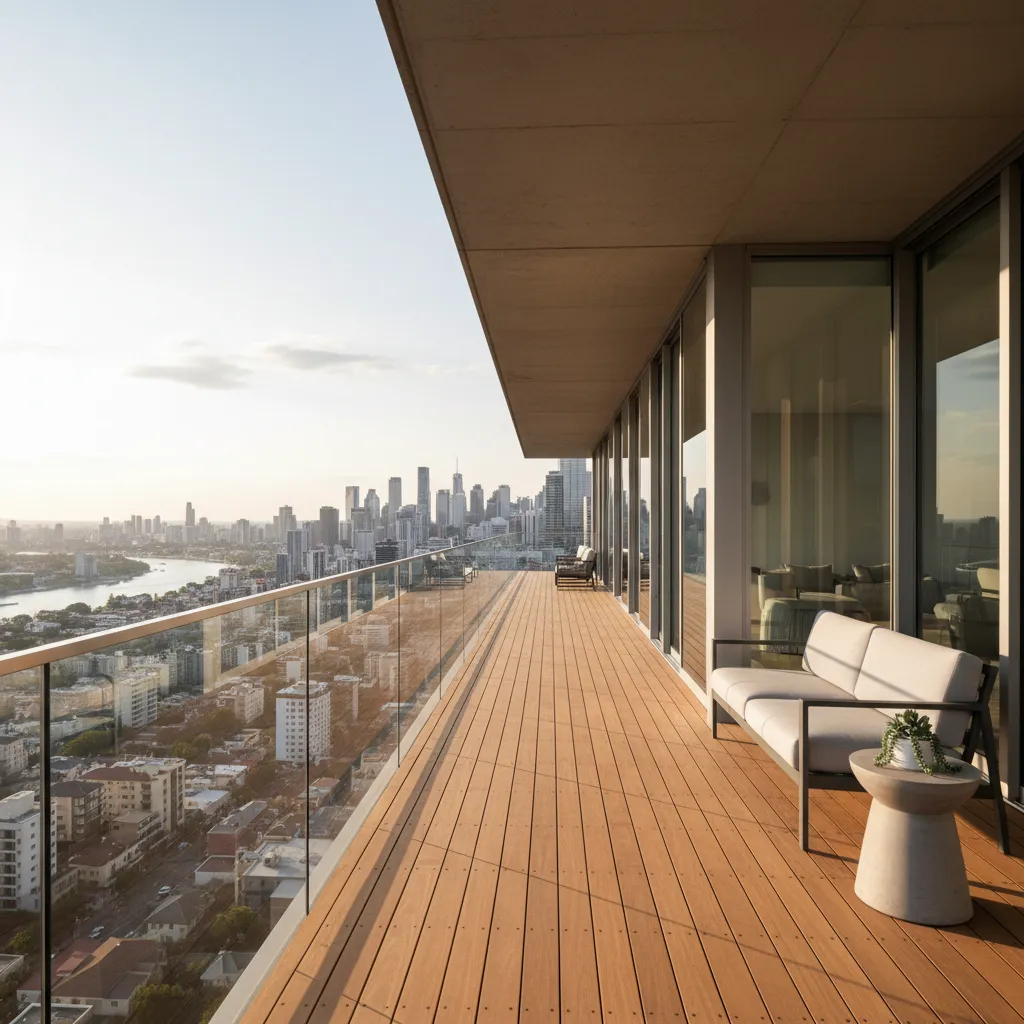 Balcón moderno con barandilla de vidrio y vista urbana