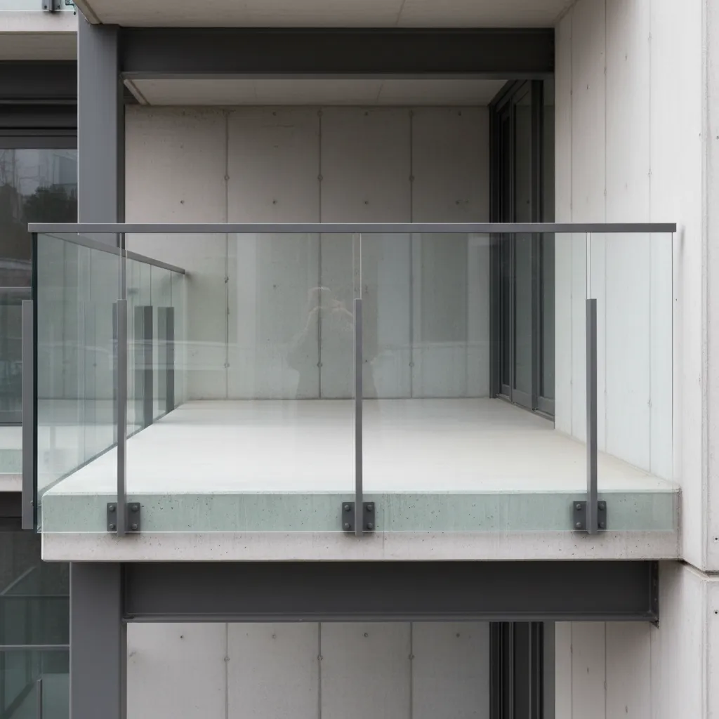 Balcón moderno con combinación de acero, vidrio y hormigón