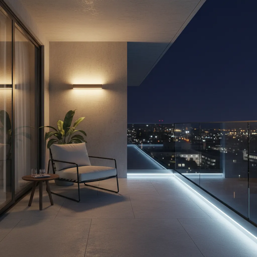 modern front balcony with warm lighting at night