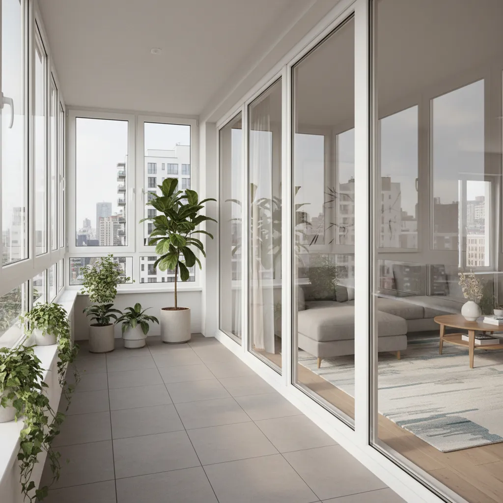 apartment balcony with white UPVC sliding windows and indoor plants