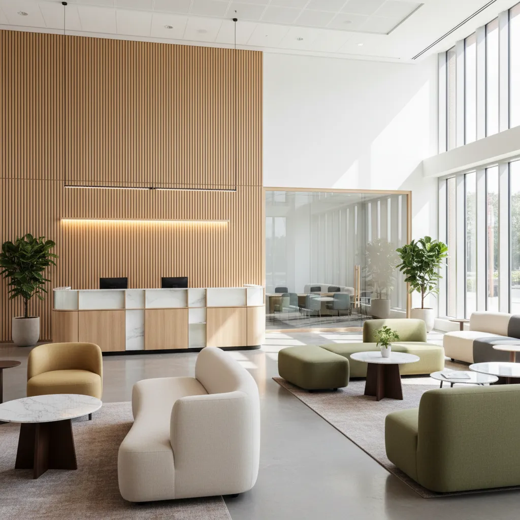 Open concept modern bank branch interior with lounge seating and service desk