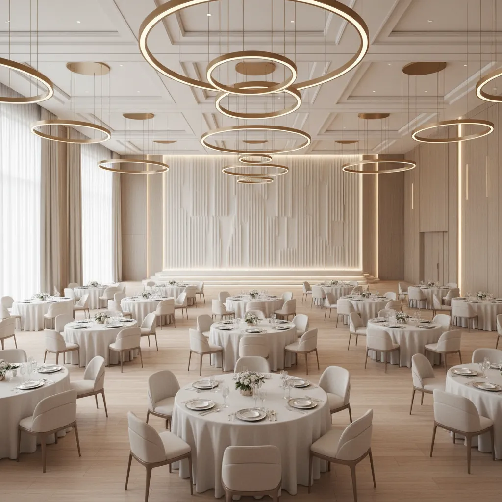 wide interior view of a modern banquet hall with round tables and stage