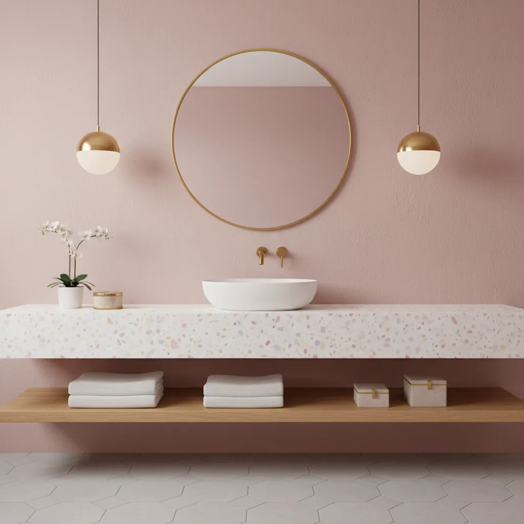 Modern blush pink bathroom with terrazzo counter and gold lighting