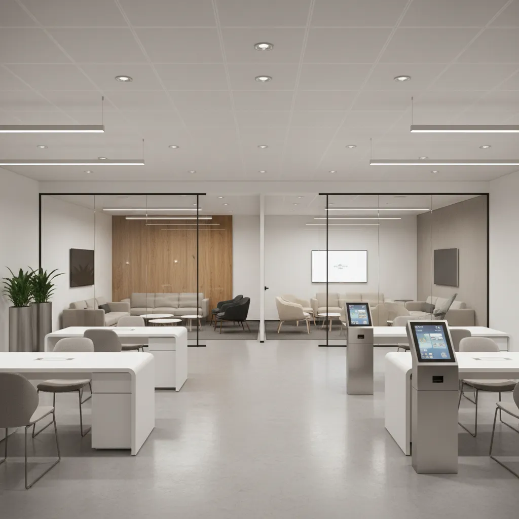 Modern European style bank branch with open advisory spaces and digital service stations