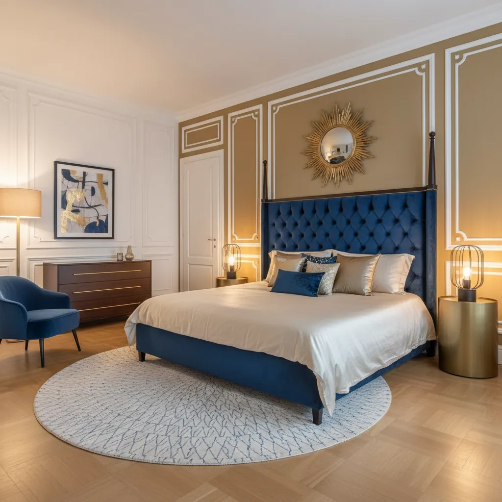 Modern bedroom featuring blue bed gold wall mirror wooden floor blue chair and warm lamps