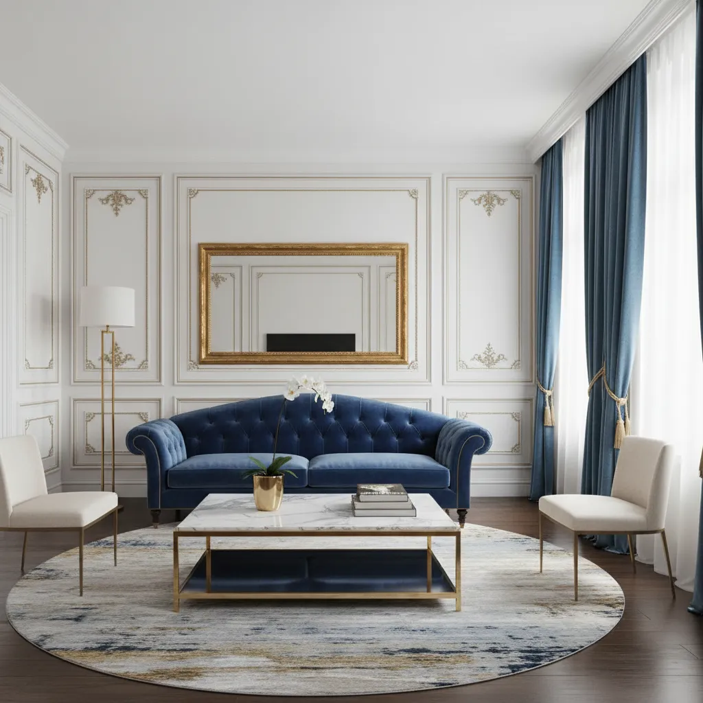 Modern white living room with blue sofa marble table wall panel mirror and blue curtains