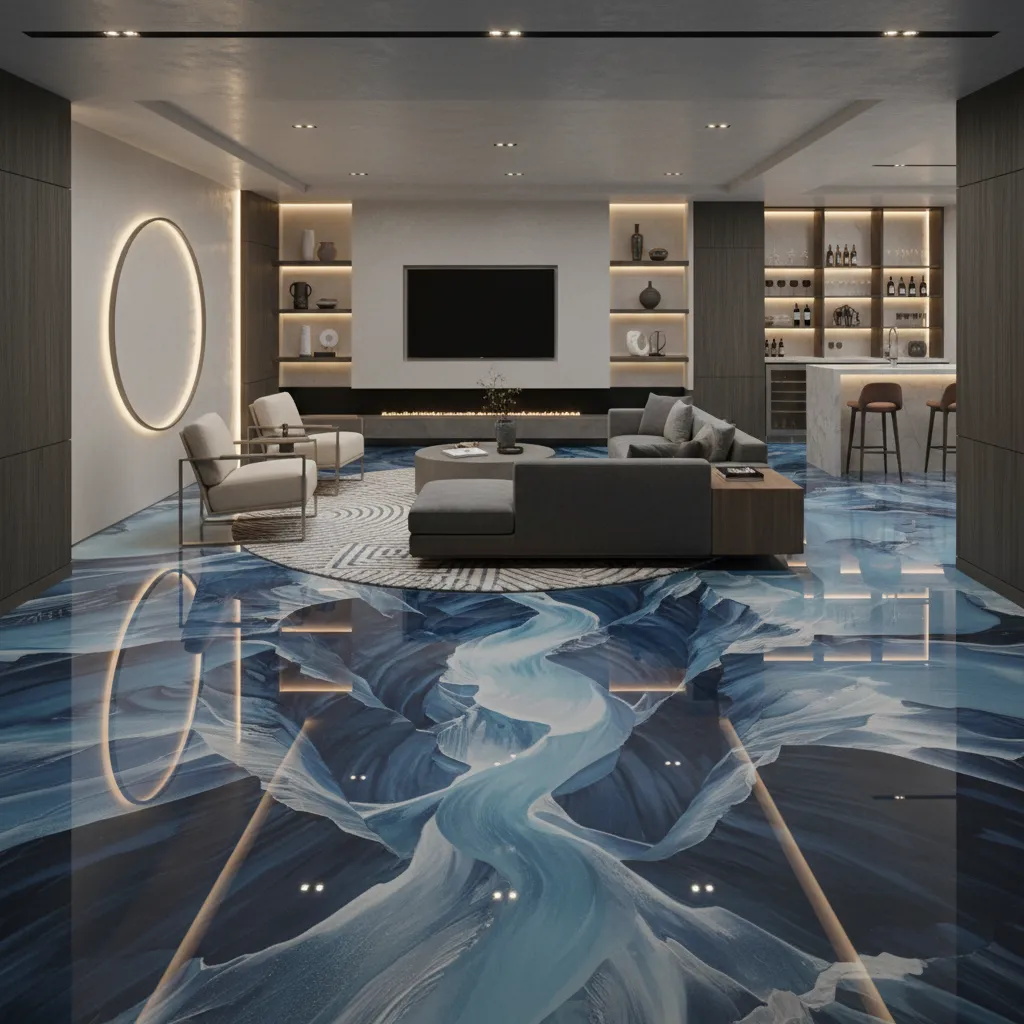 Modern finished basement with decorative 3D epoxy flooring