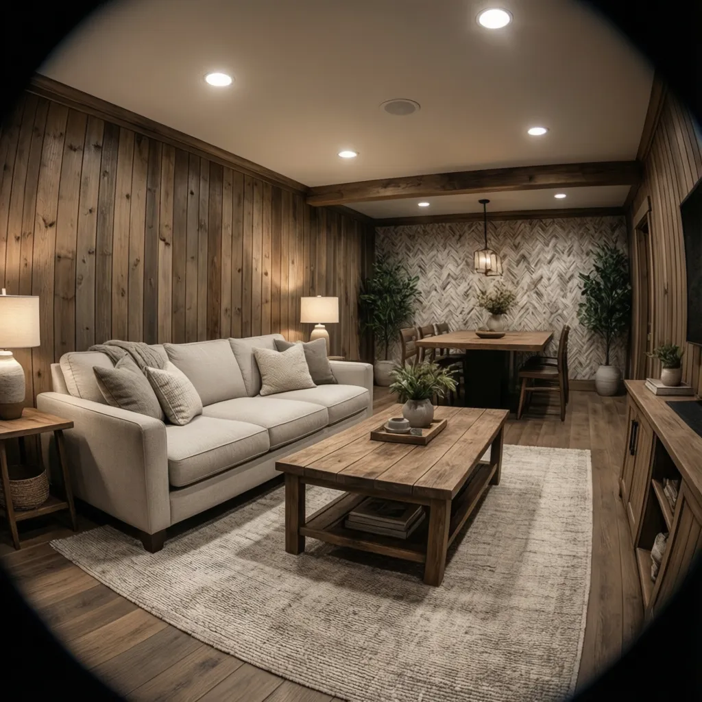 modern farmhouse basement design with beadboard wall panels
