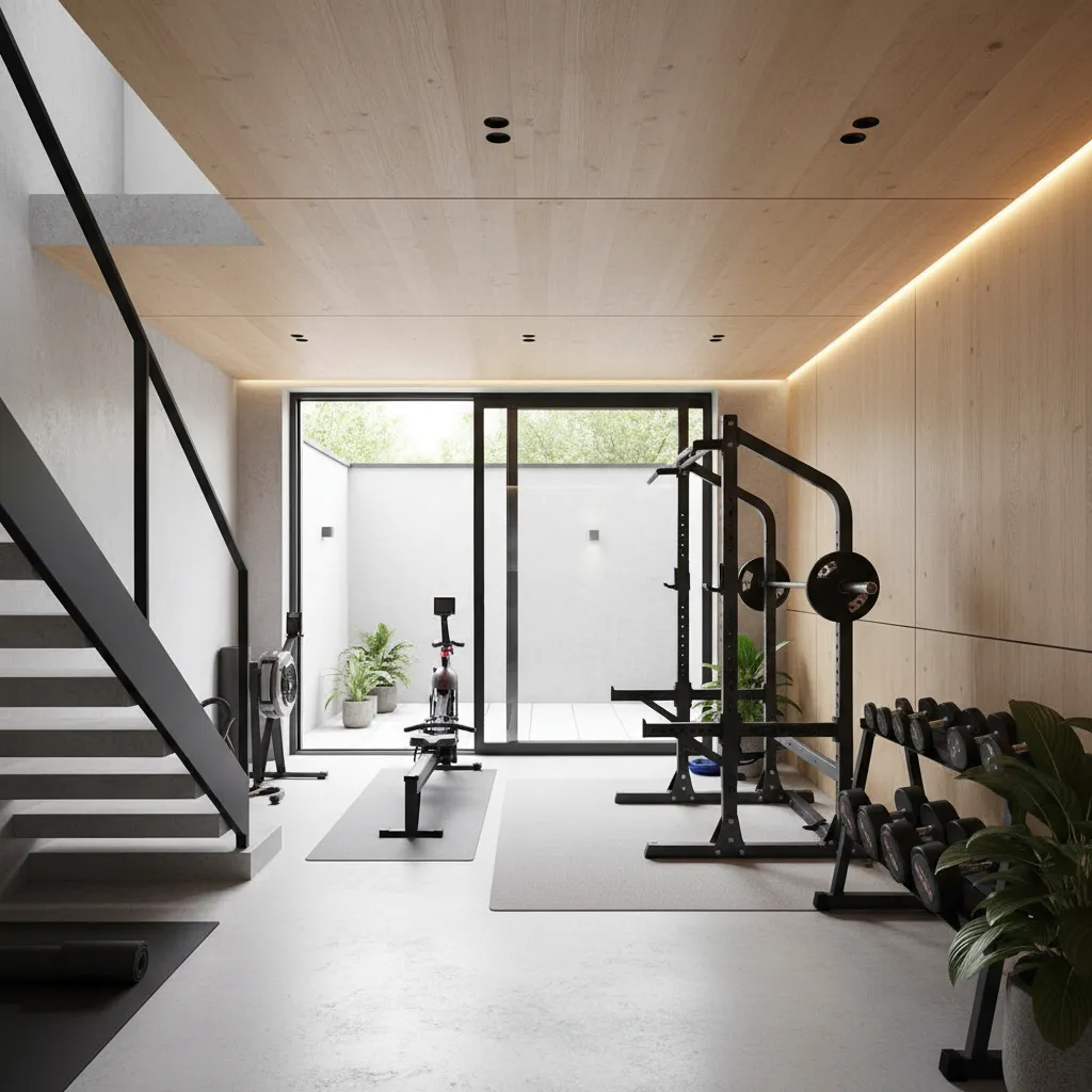 Gimnasio moderno en sótano con iluminación natural y diseño minimalista