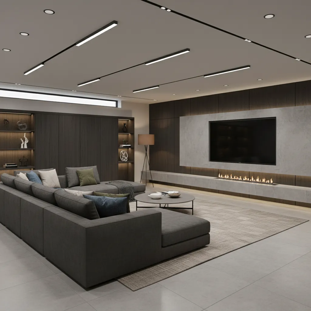 Modern basement lounge design with grey sofa dark wood cabinets fireplace and linear ceiling lights