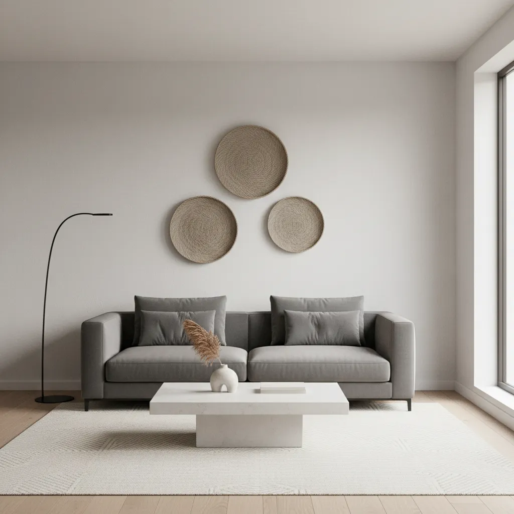 Minimal modern living room with symmetrical basket wall arrangement