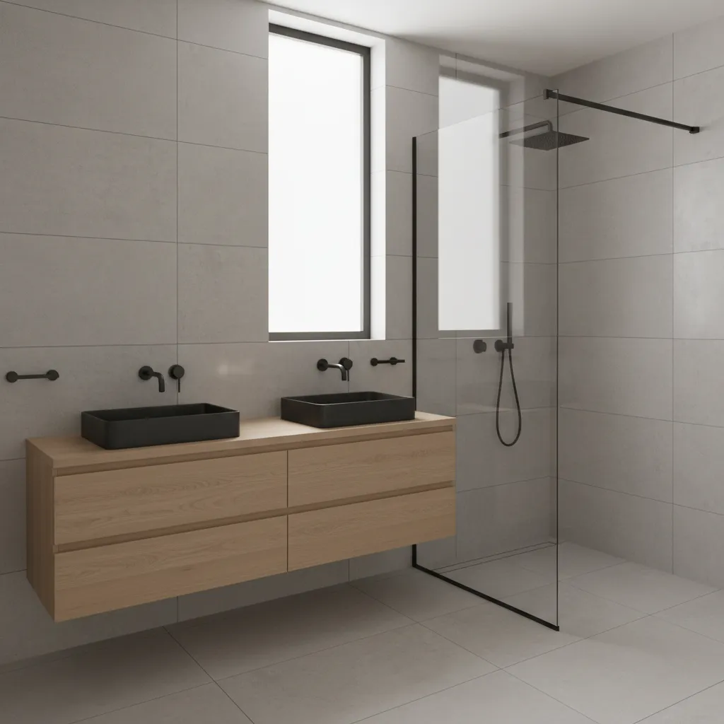 3D rendered visualization of a finished modern bathroom renovation