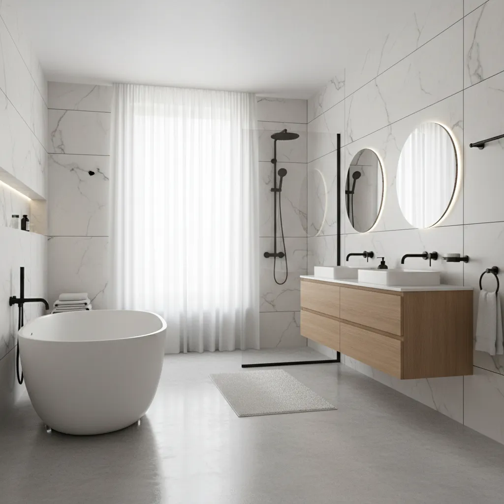 modern bathroom after replacing almond fixtures with white tub and vanity