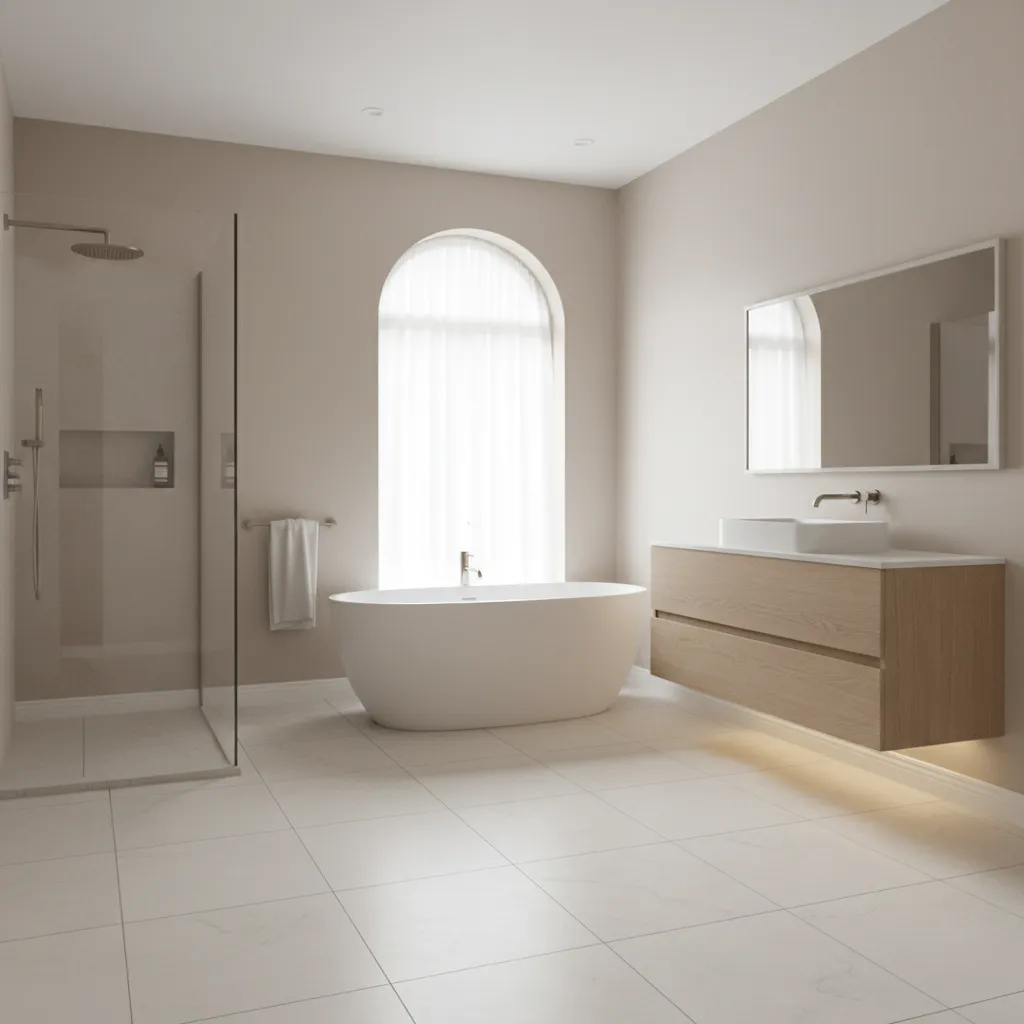 Modern bathroom showing slim white baseboards along tile flooring