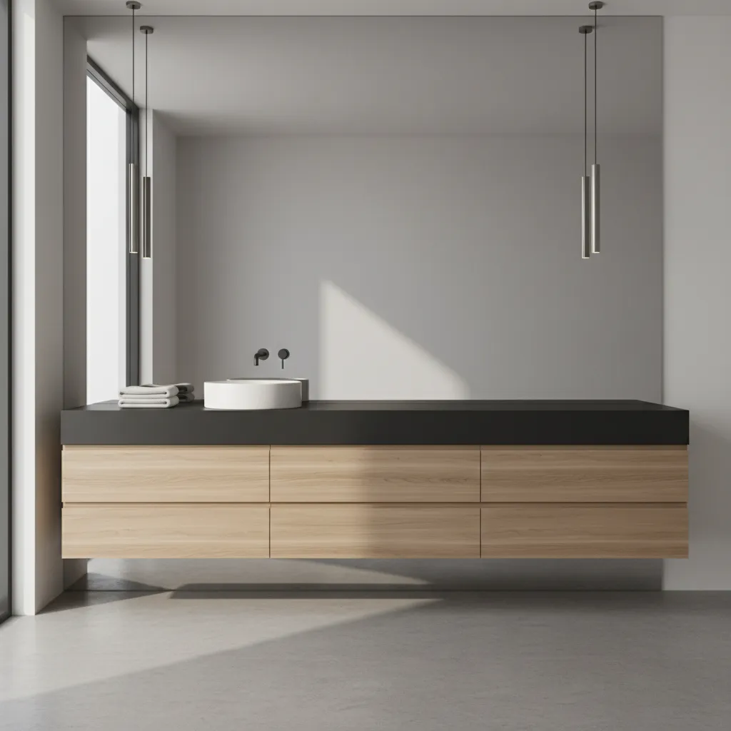 Modern minimalist bathroom with black vanity countertop