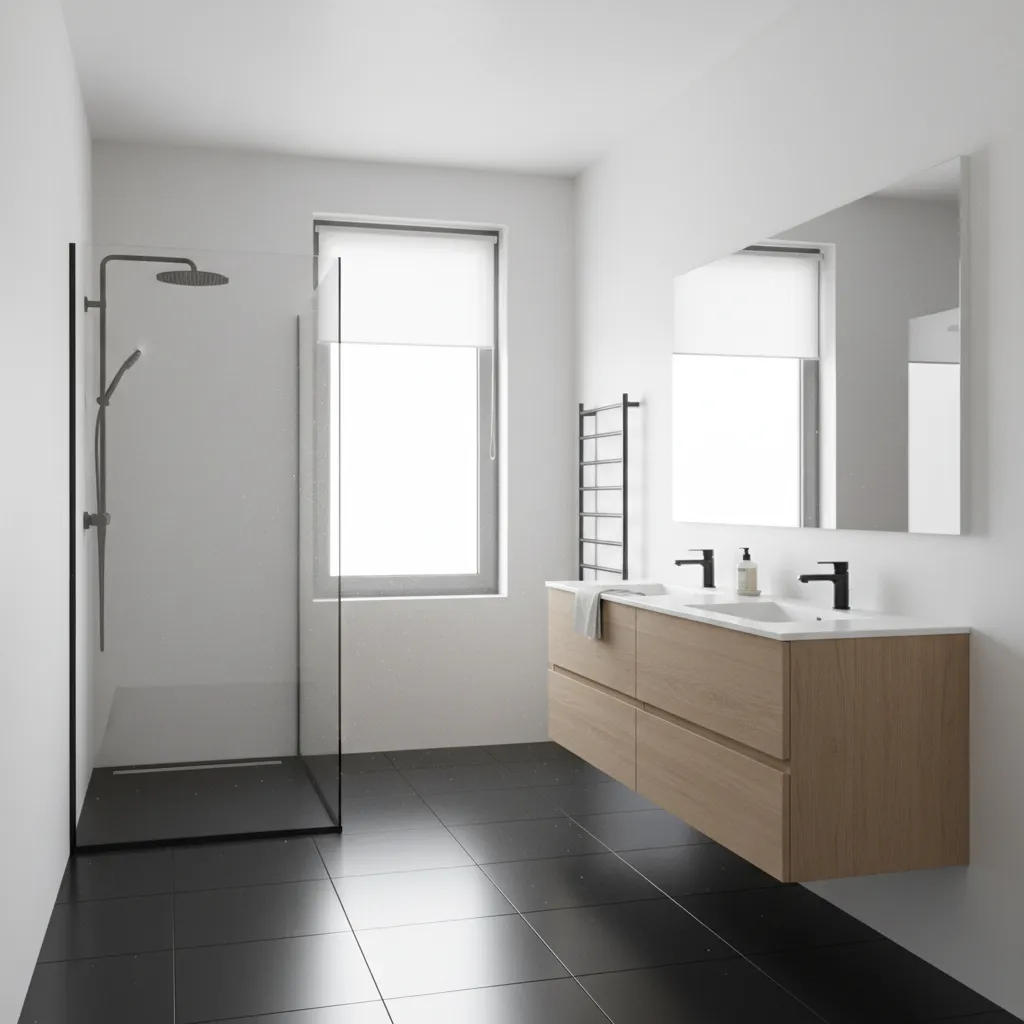 modern bathroom with black floor tiles and white walls showing strong contrast