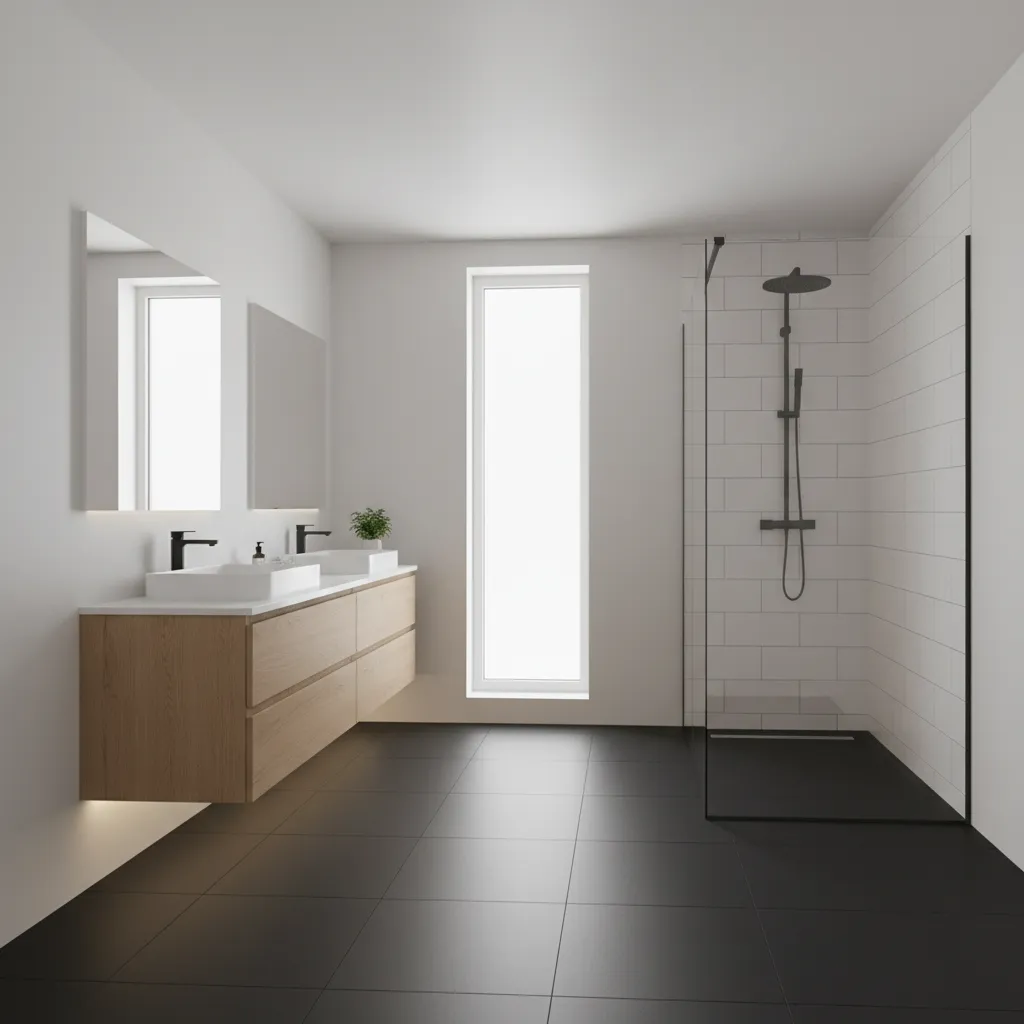 modern bathroom interior with matte black tile floor white walls and wood vanity