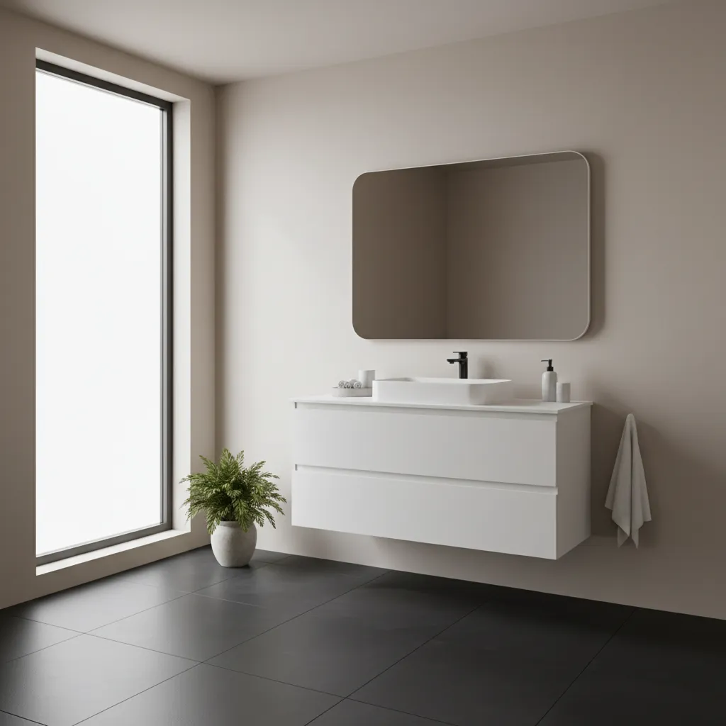 modern bathroom interior with black tile floor and white vanity