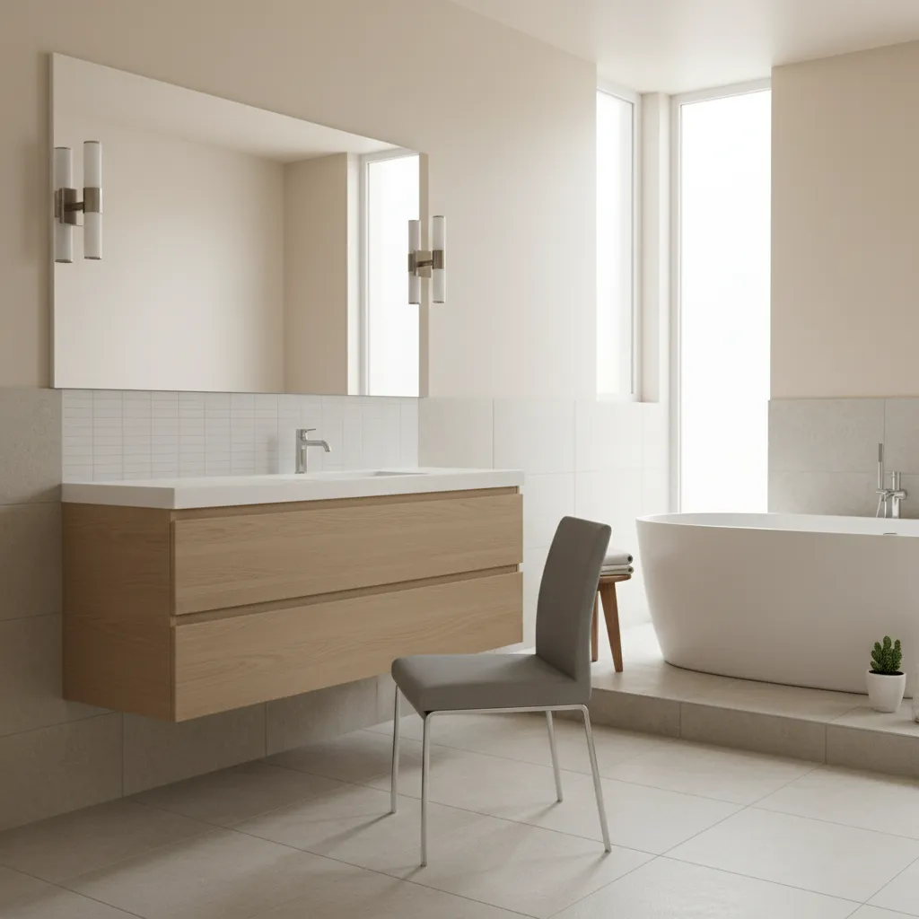 Modern bathroom example with chair rail aligned with vanity backsplash