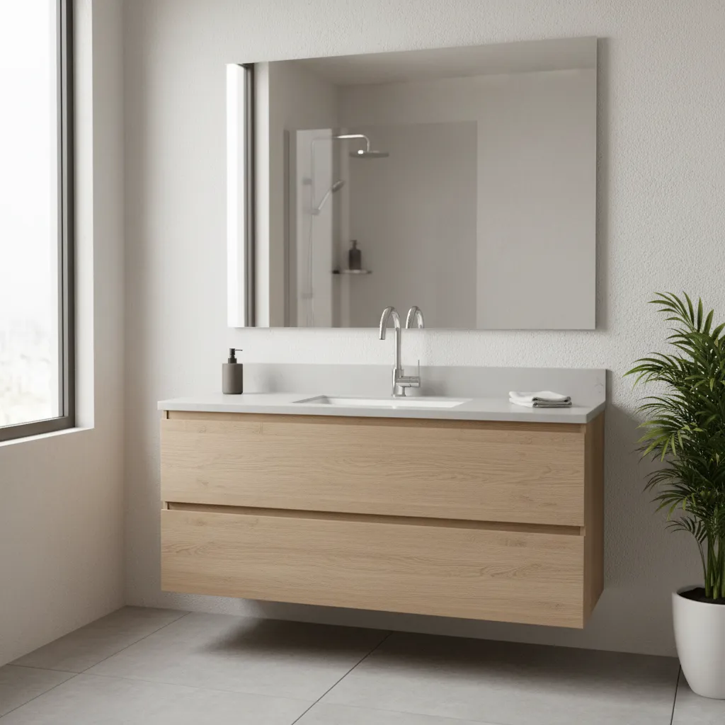Modern bathroom vanity featuring a classic chrome faucet and ceramic sink