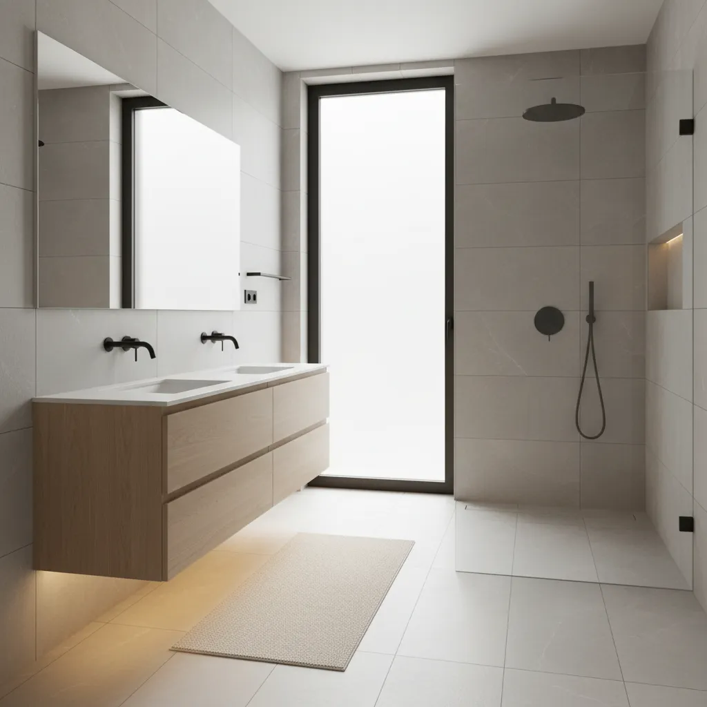 Modern bathroom with floating vanity and rectangular cream rug