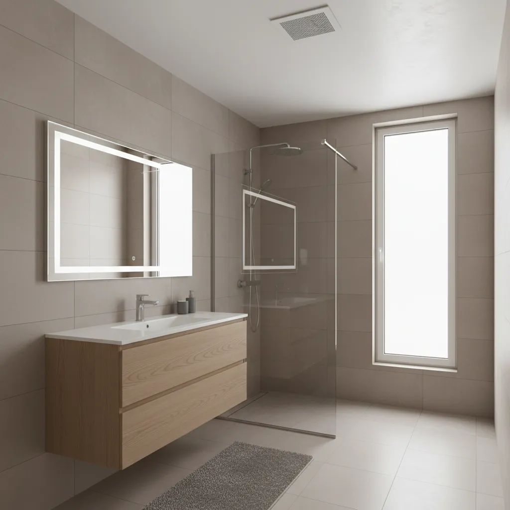 Quiet modern bathroom exhaust fan integrated into a renovated bathroom ceiling