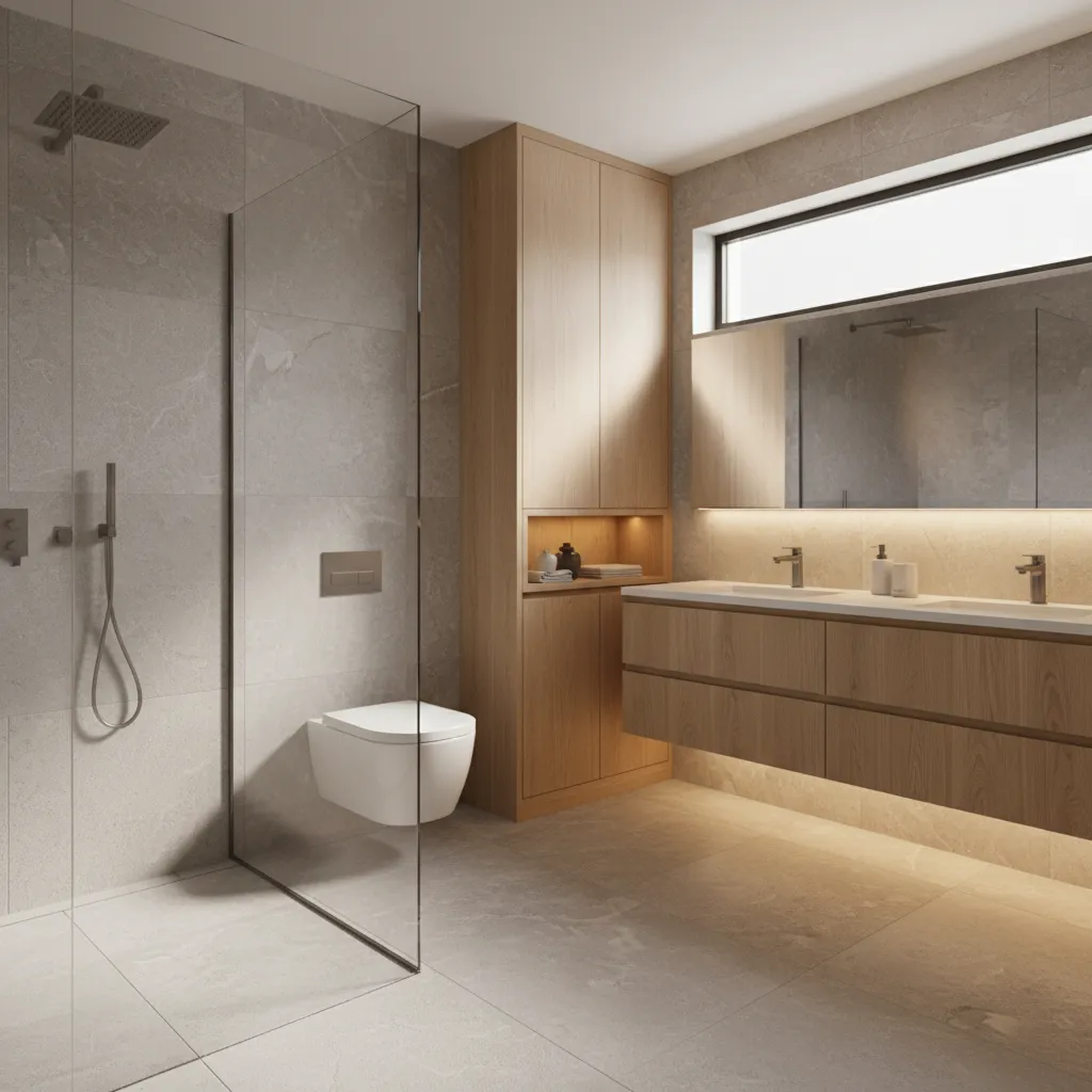 Finished modern bathroom design with optimized layout vanity shower and storage