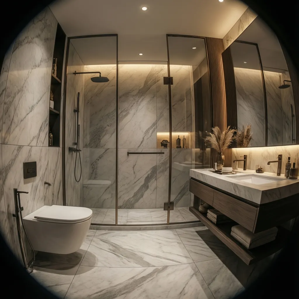 finished modern bathroom renovation with marble tiles glass shower and vanity