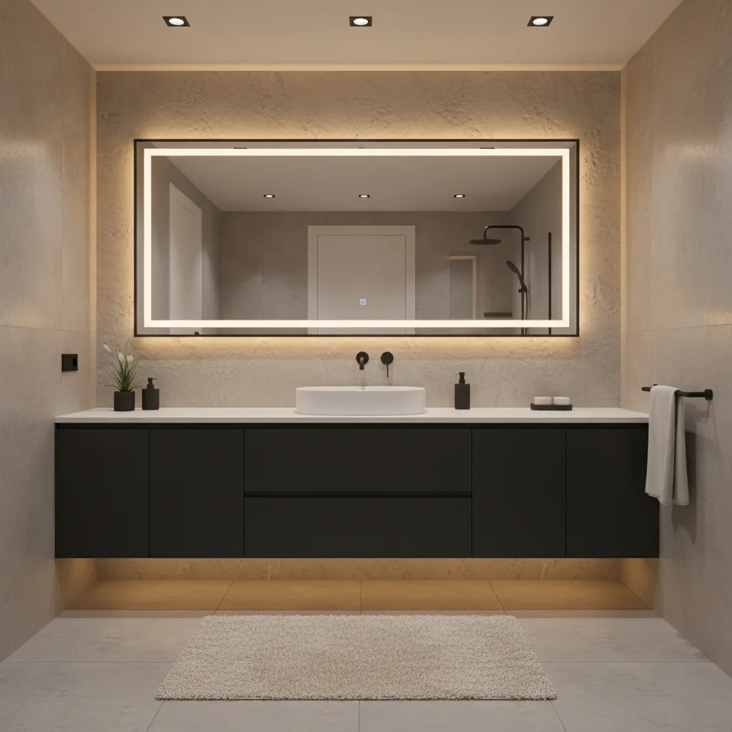 modern bathroom vanity with upgraded lighting and fixtures