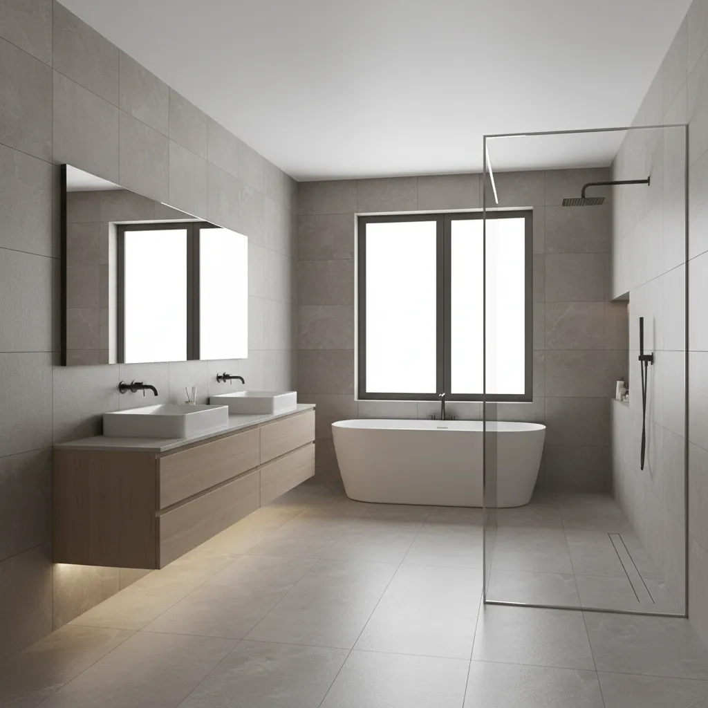 Modern bathroom interior with large format wall and floor tiles