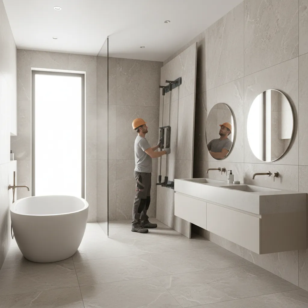 Large format tile installation in modern bathroom interior