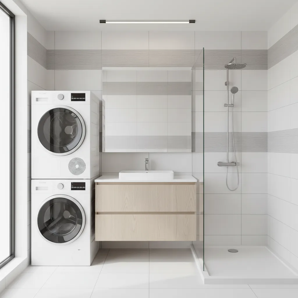 Contemporary bathroom with stacked washer dryer integrated beside vanity