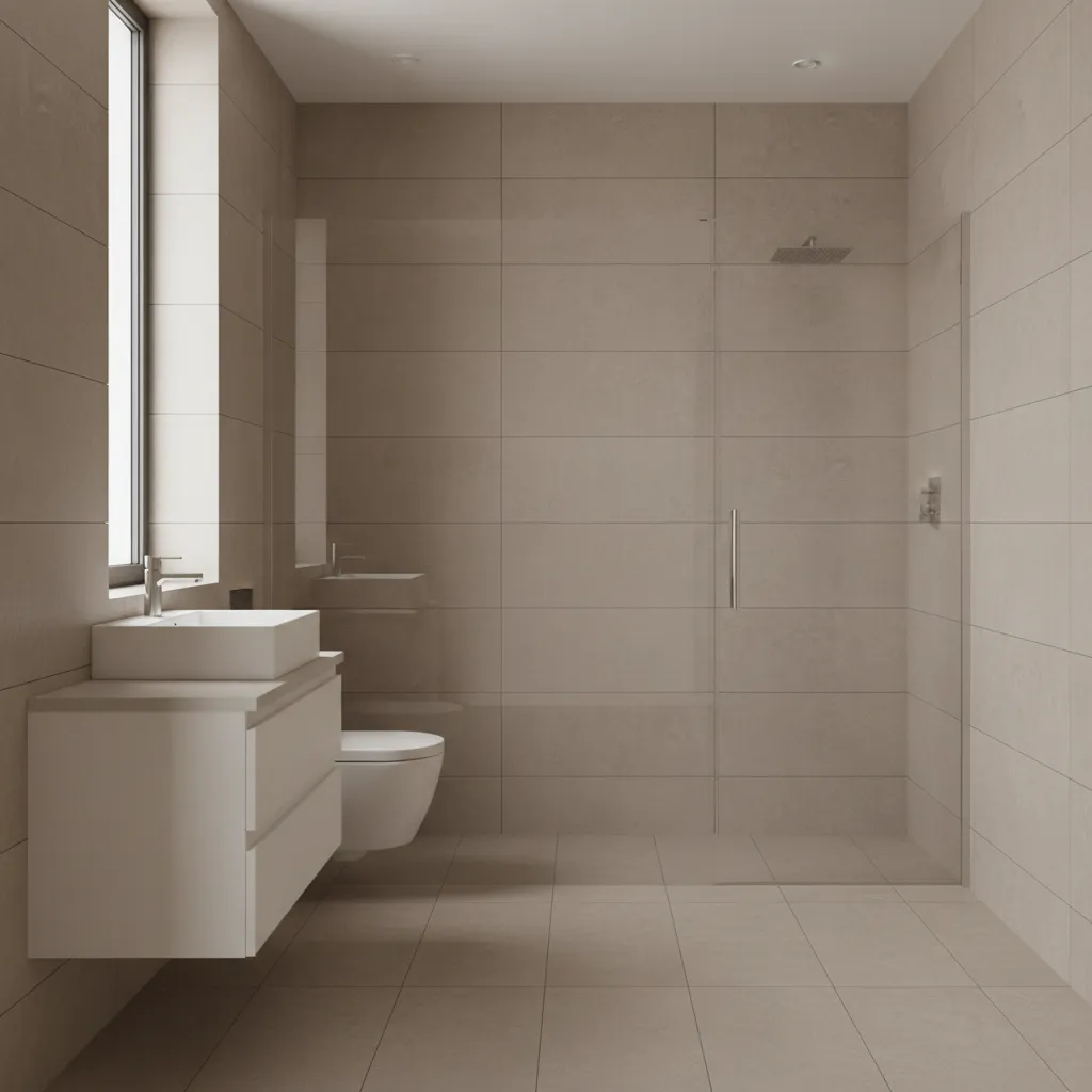 Minimalist beige bathroom with white cabinet, sink, toilet, and large glass walk in shower area
