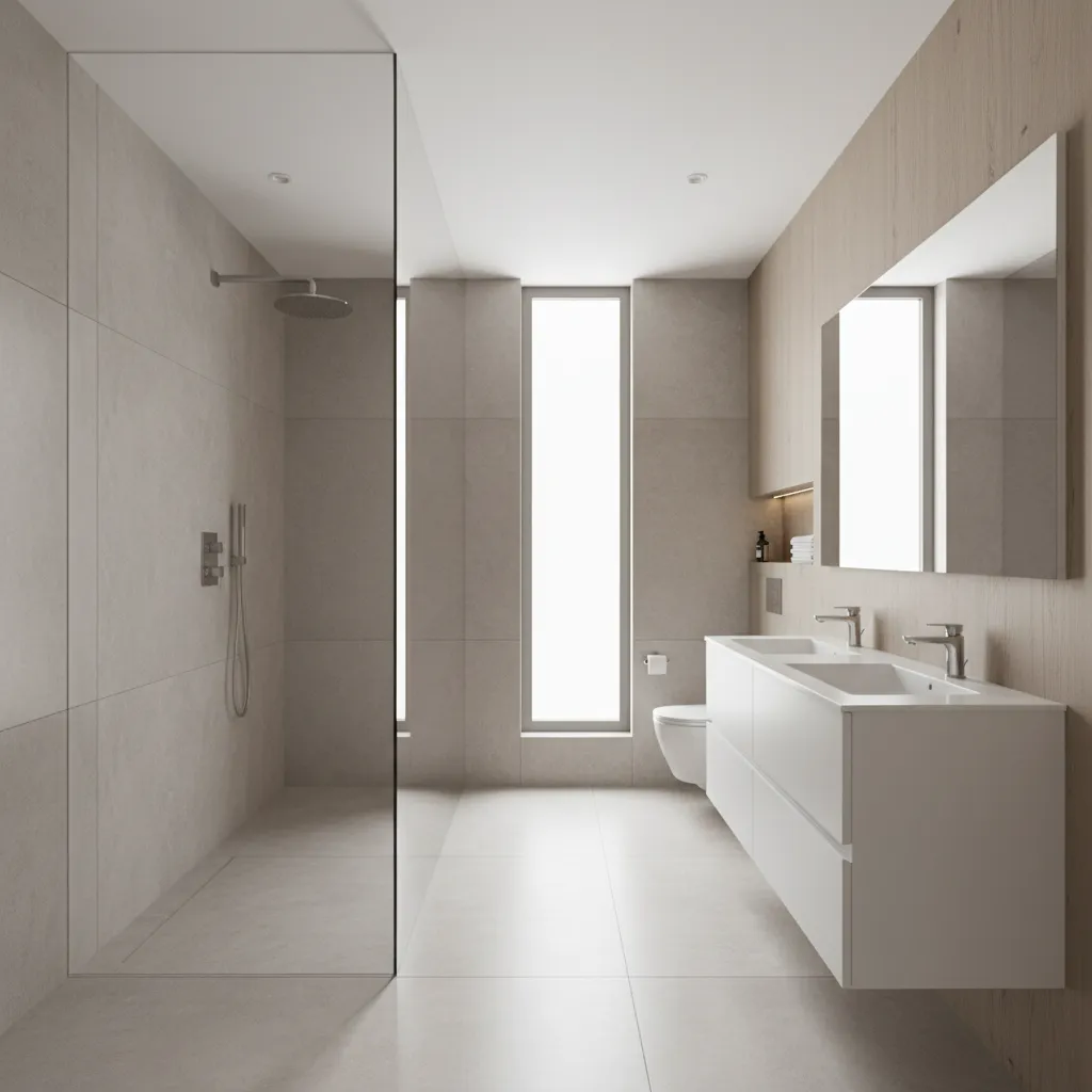 Distribución moderna de baño con ducha abierta y lavabo suspendido