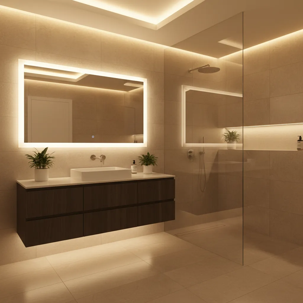 Baño moderno con espejo retroiluminado y luz indirecta