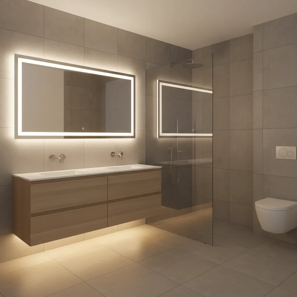 Baño moderno con iluminación indirecta y espejo retroiluminado