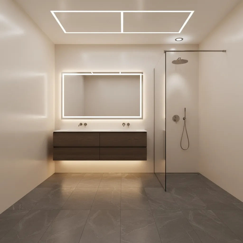 modern bathroom lighting layout with recessed lights shower lighting and vanity lighting