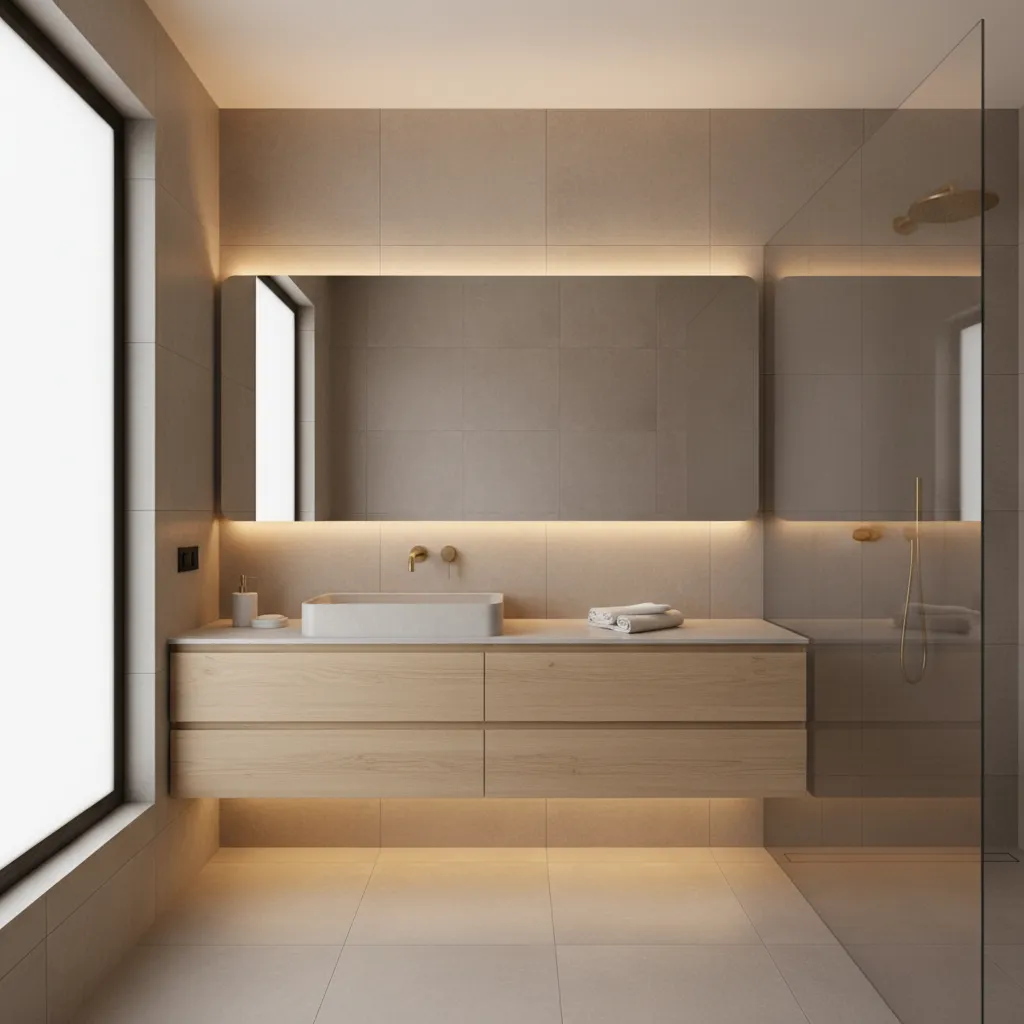 Baño moderno con porcelánico de gran formato y mueble flotante