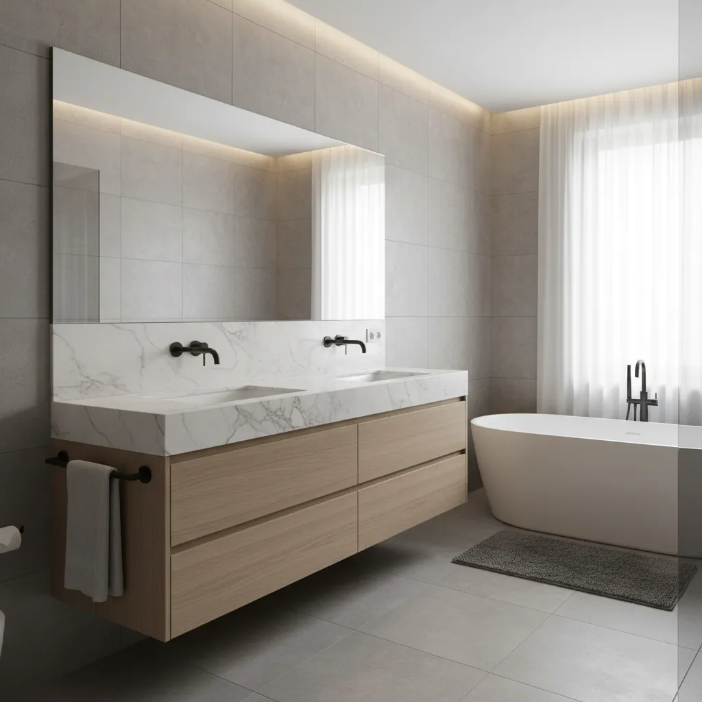 Materiales modernos de baño con porcelánico y madera