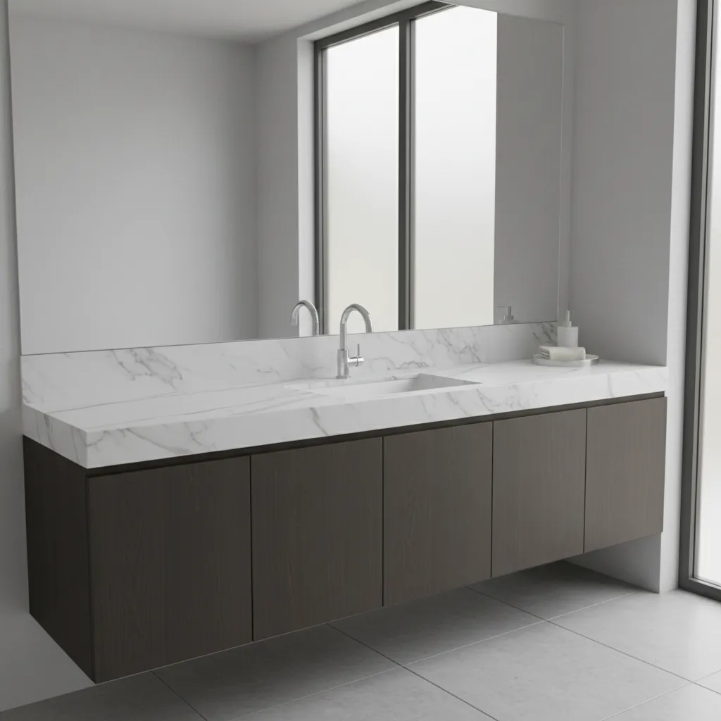 new chrome bathroom faucet installed on a modern vanity